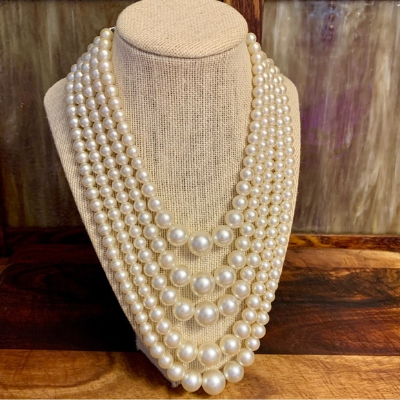 Vintage 5 Strand Multi Strand Graduated Faux Pearl Collar Necklace - Picture 2 of 12